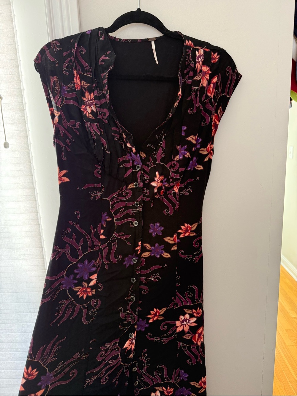 Free People Black Floral Midi Dress with Purple & Coral Accents